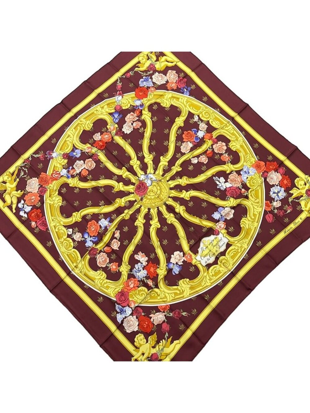 Hermes Scarf Carre 90 Bordeaux Yellow Multi Roue Arriere du Carrosse Imperial